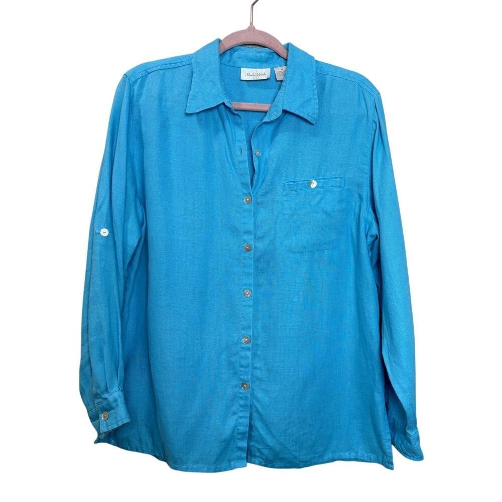 Studio Works Button Down Shirt Womens Medium Blue 100% Linen Roll Tab Sleeve